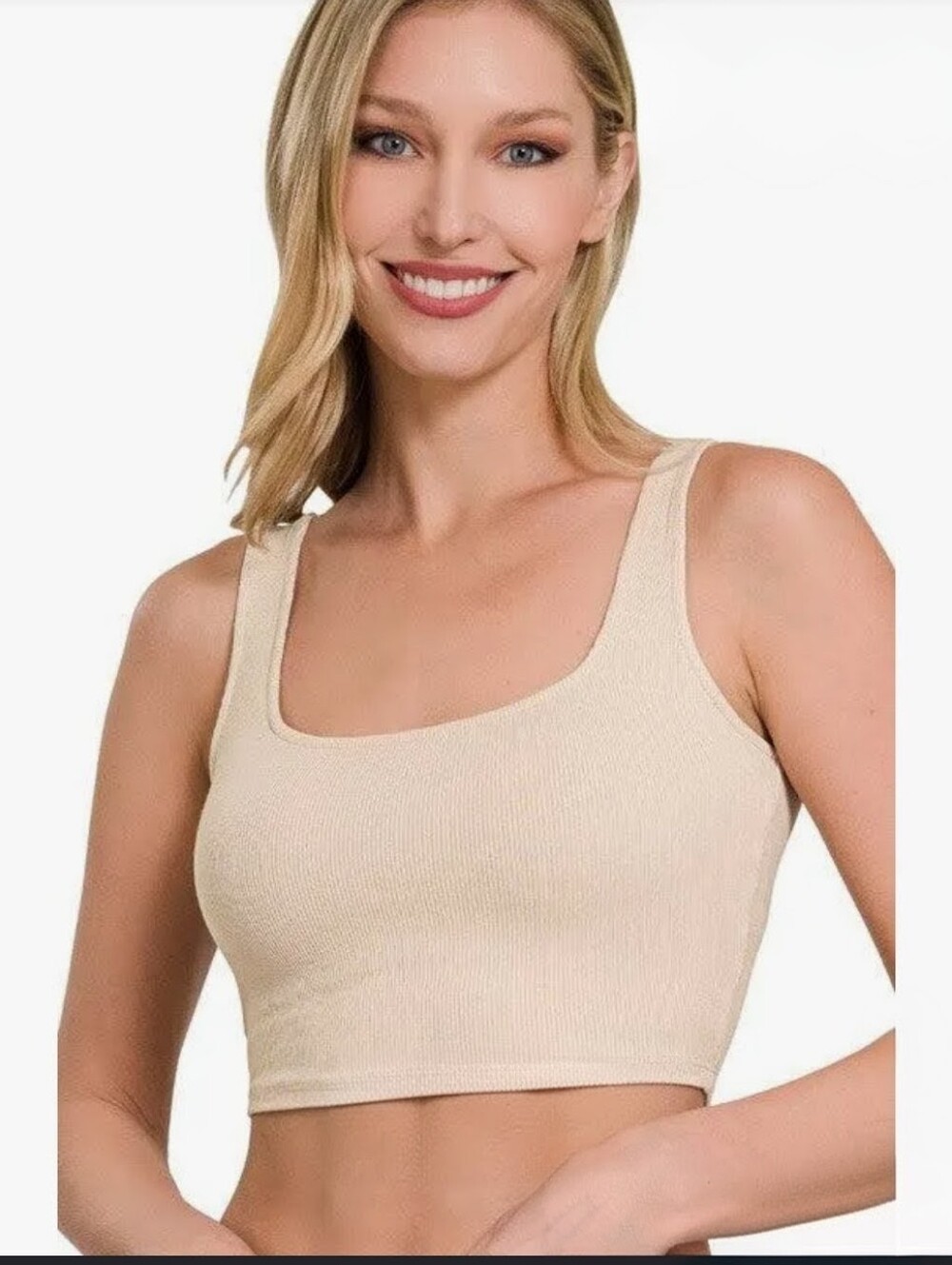 Zenana Sand Beige Ribbed Scoop Neck Crop Tank